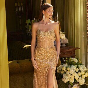 New Formal Sleeveless Strapless Beaded Dress w/ Rhinestones Embroidery GL3581